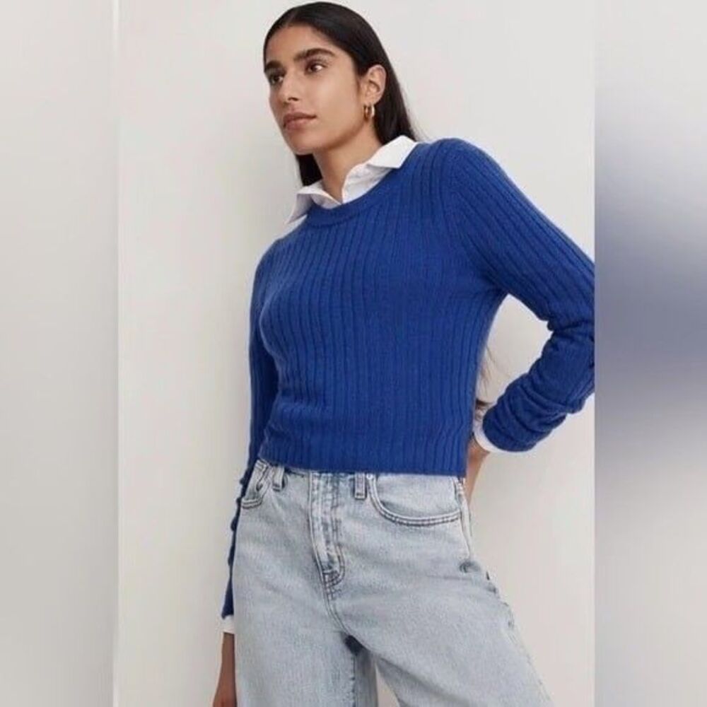 MADEWELL Readfield Pullover Wool Sweater XS Voyage Blue Cropped Slim Fit EUC B14